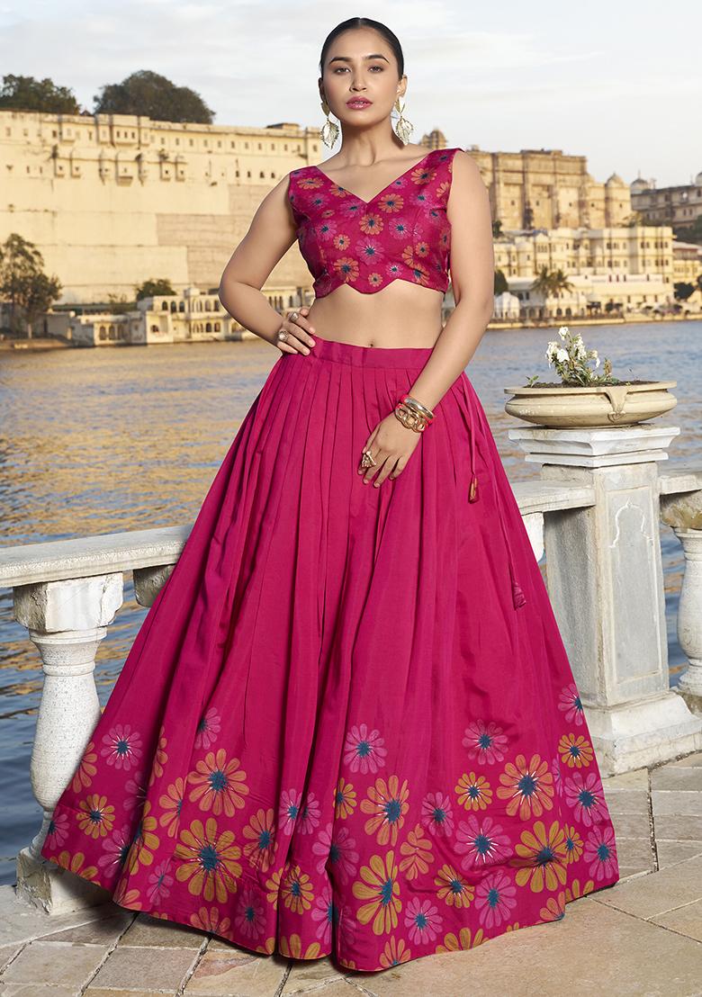 Pink Foil Work Tussar Silk Lehenga Set