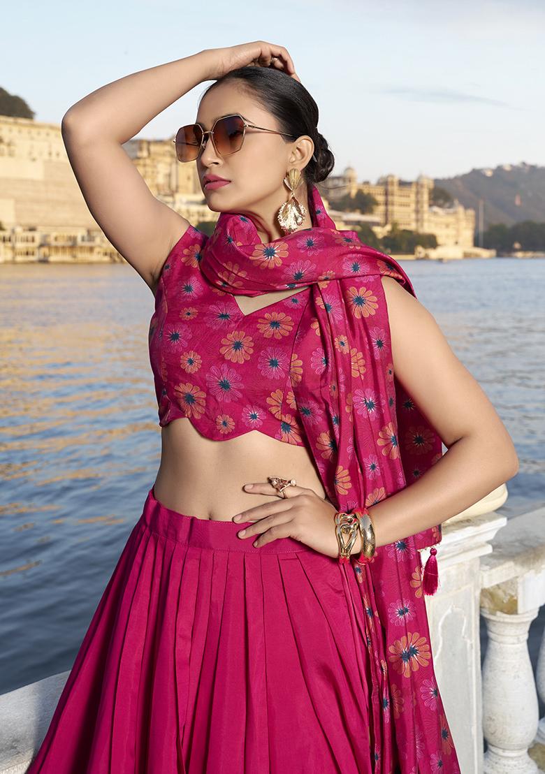 Pink Foil Work Tussar Silk Lehenga Set