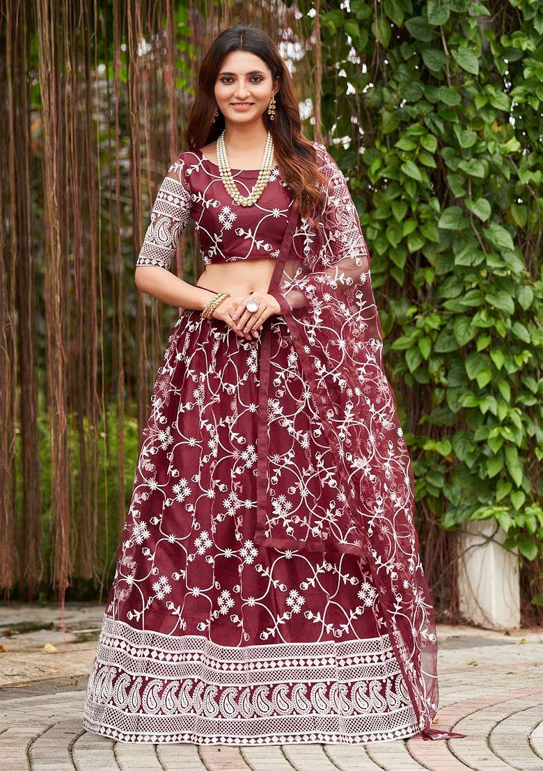 Maroon Embroidered Net Lehenga Set - Indya