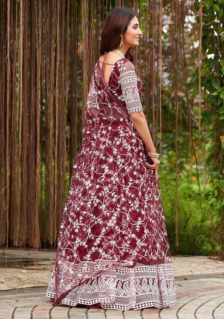 Maroon Embroidered Net Lehenga Set - Indya