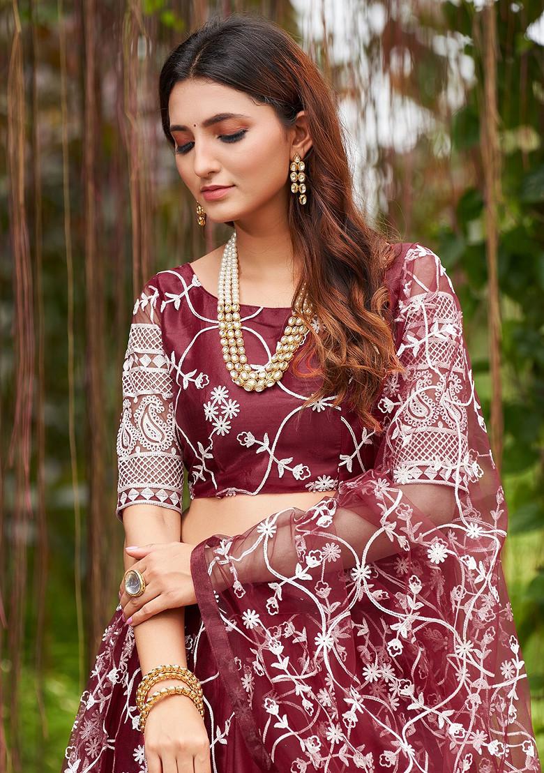Maroon Embroidered Net Lehenga Set