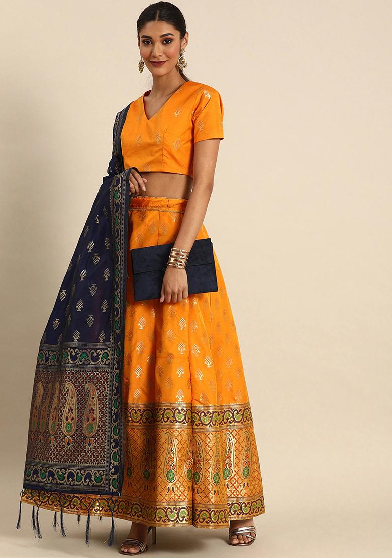 Orange Woven Zari Silk Blend Lehenga Set