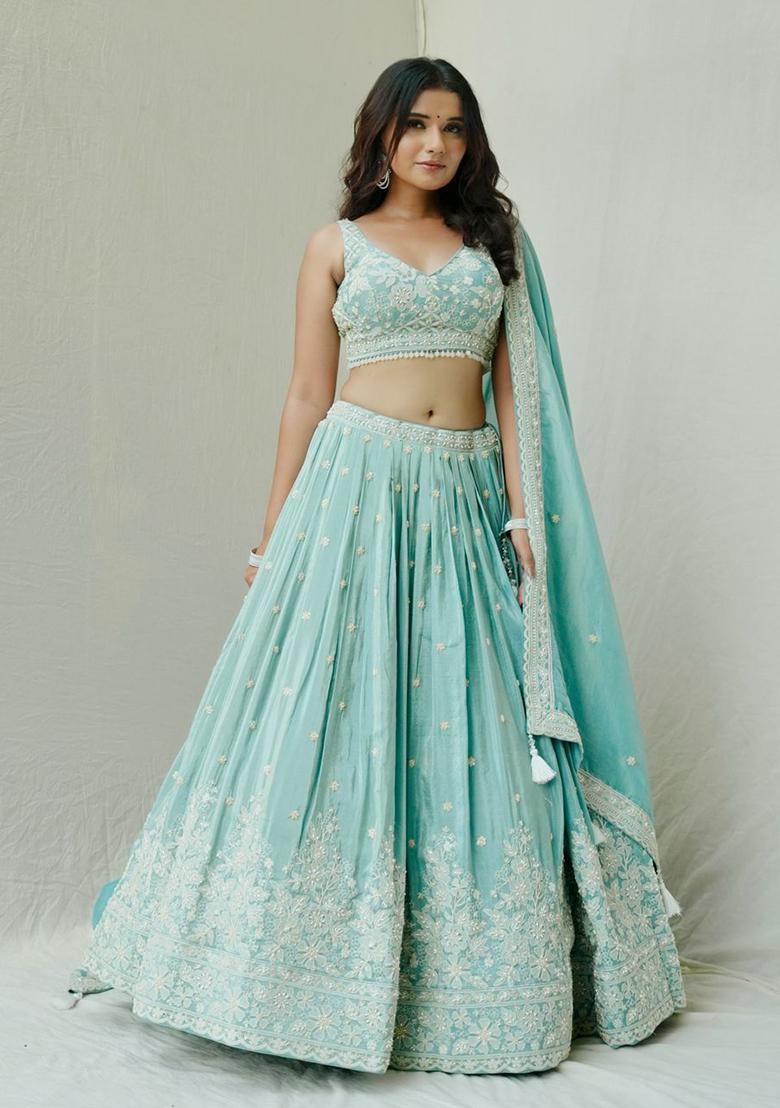 Sky Blue Sequin Thread Embroidered Roman Silk Lehenga Set