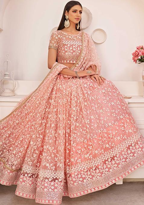 Light Pink Thread Embroidered Net Lehenga