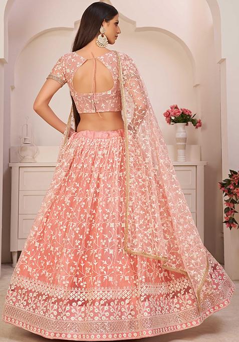 Light Pink Thread Embroidered Net Lehenga
