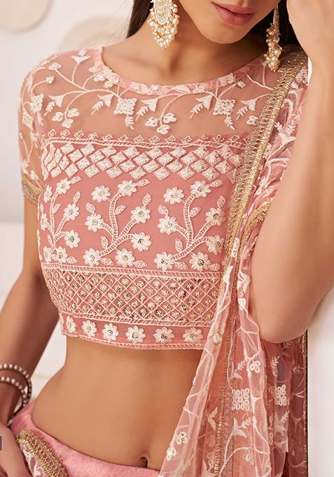 Light Pink Thread Embroidered Net Lehenga