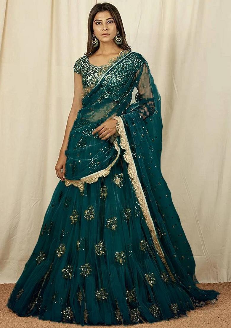 Teal Green Embroidered Net Lehenga Set