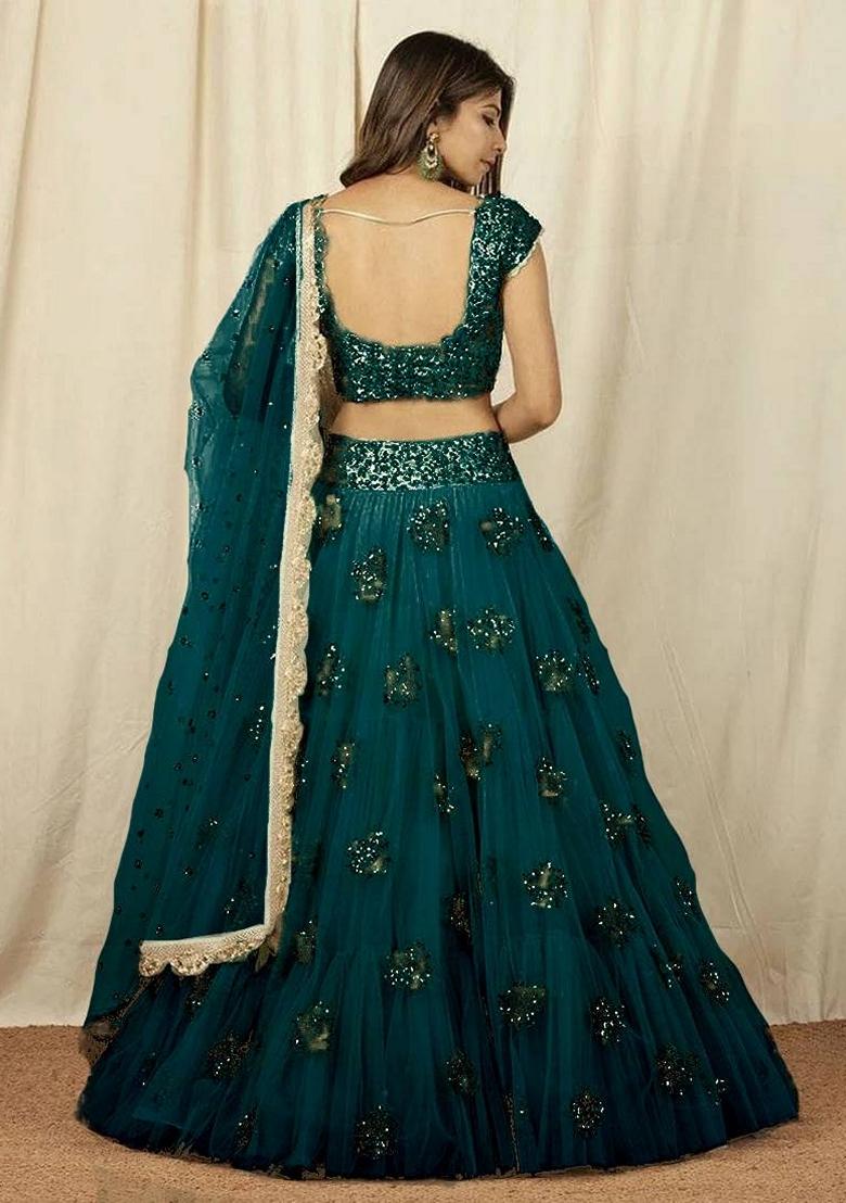 Teal Green Embroidered Net Lehenga Set
