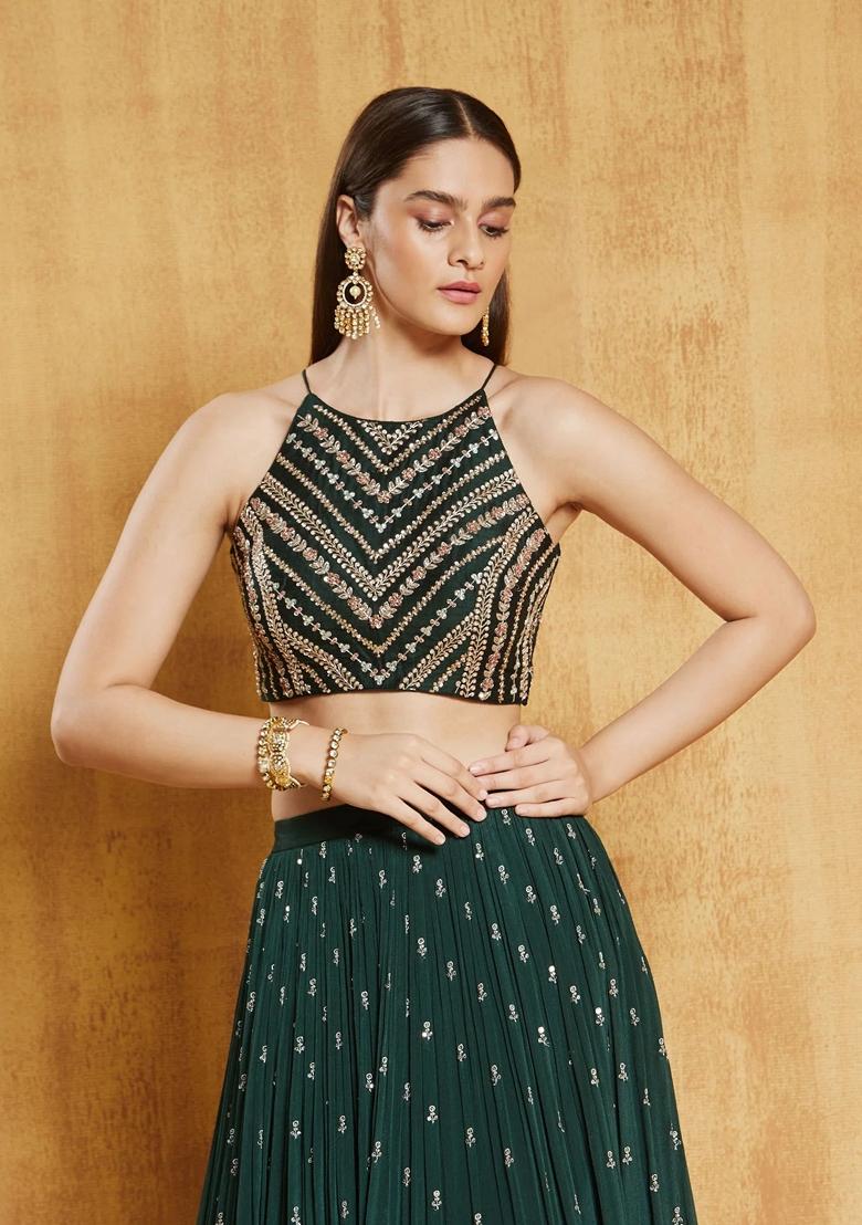 Dark Green Sequin Embroidered Faux Georgette Lehenga Set