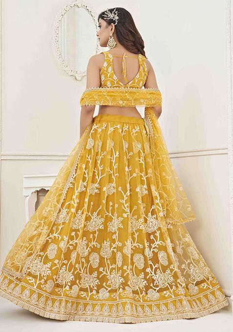 Mustard Yellow Thread Sequin Embroidered Net Lehenga