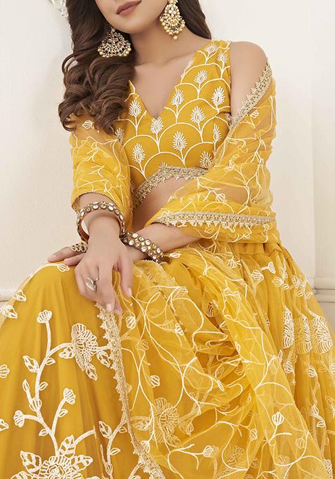 Mustard Yellow Thread Sequin Embroidered Net Lehenga