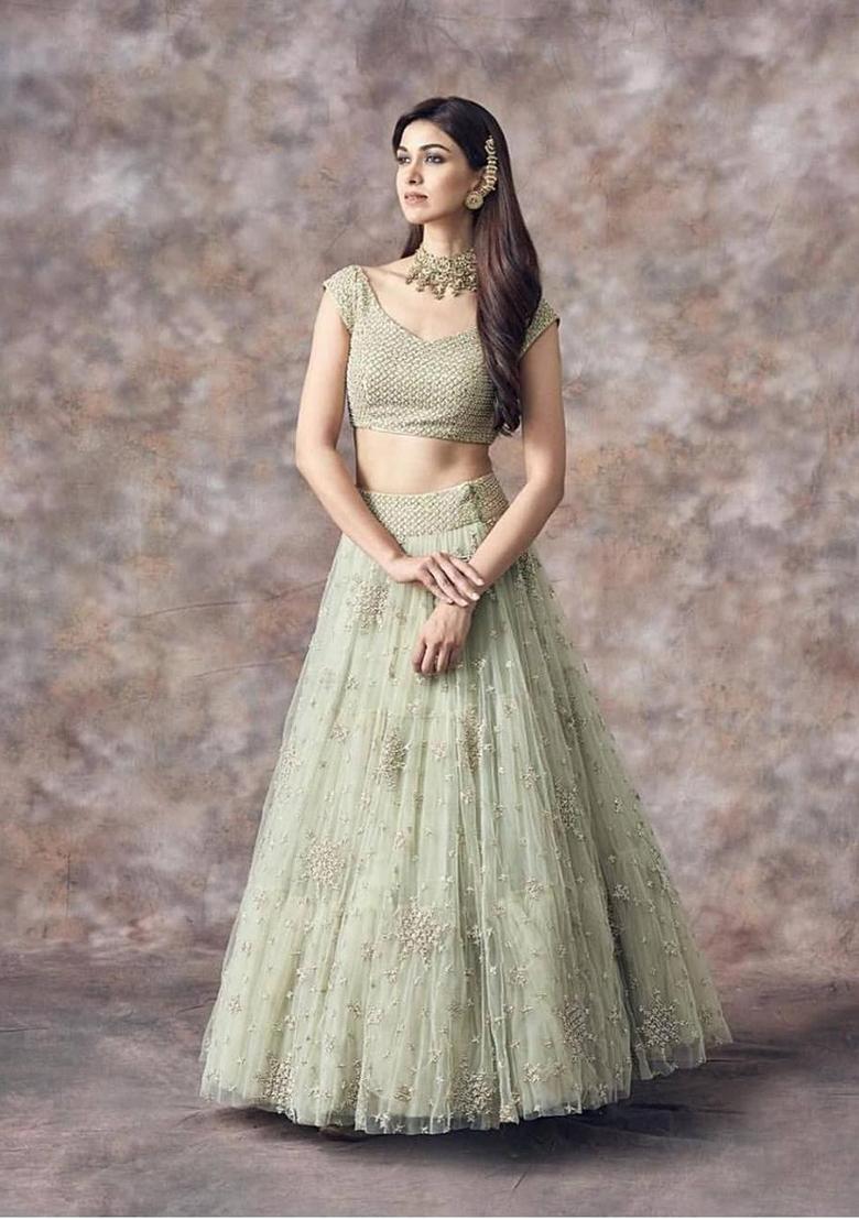 Light Green Sequin Embroidered Net Lehenga Set