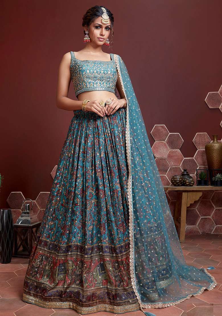 Sky Blue Embroidered Chinon Silk Blend Lehenga Set - Indya