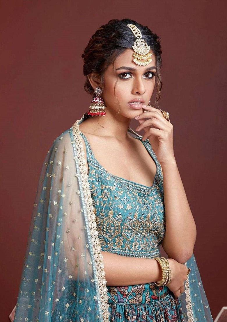 Sky Blue Embroidered Chinon Silk Lehenga Set