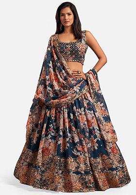 Blue Sequin Embroidered Poly Blend Lehenga Set
