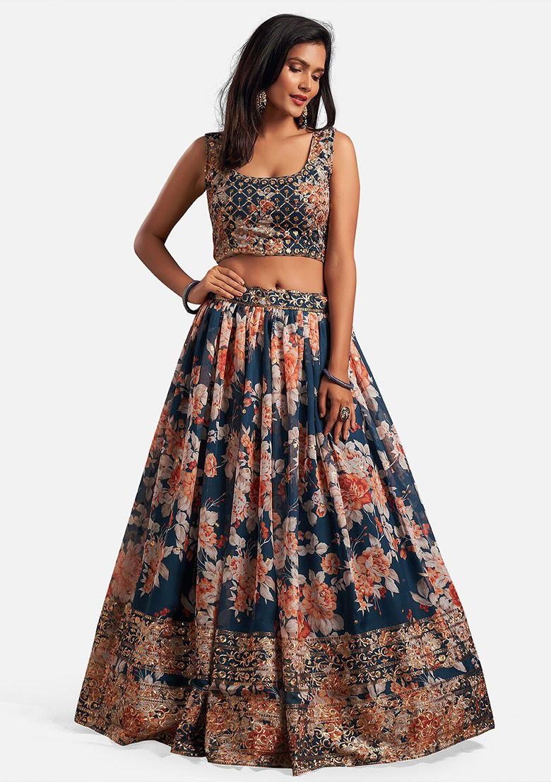 Blue Sequin Embroidered Poly Blend Lehenga Set