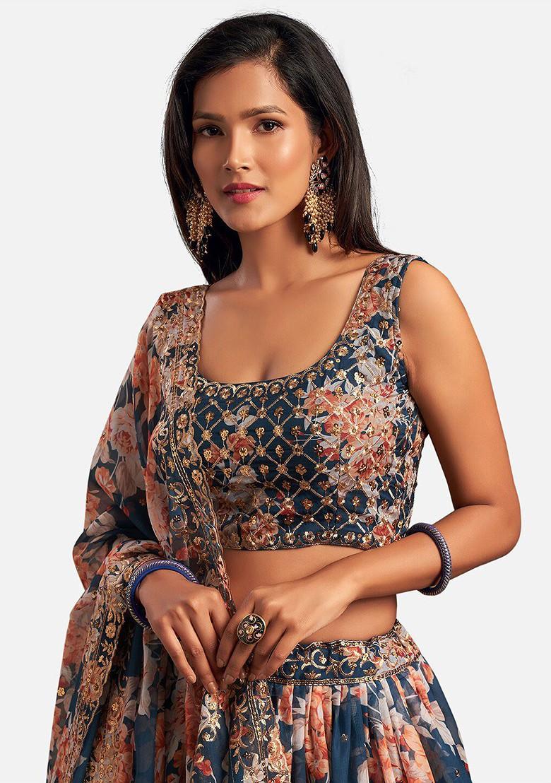 Blue Sequin Embroidered Poly Blend Lehenga Set