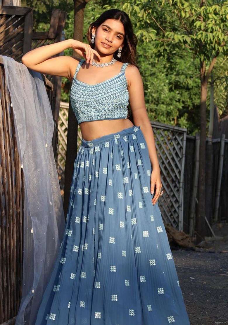 Blue Sequin Embroidered Faux Georgette Lehenga Set - Indya