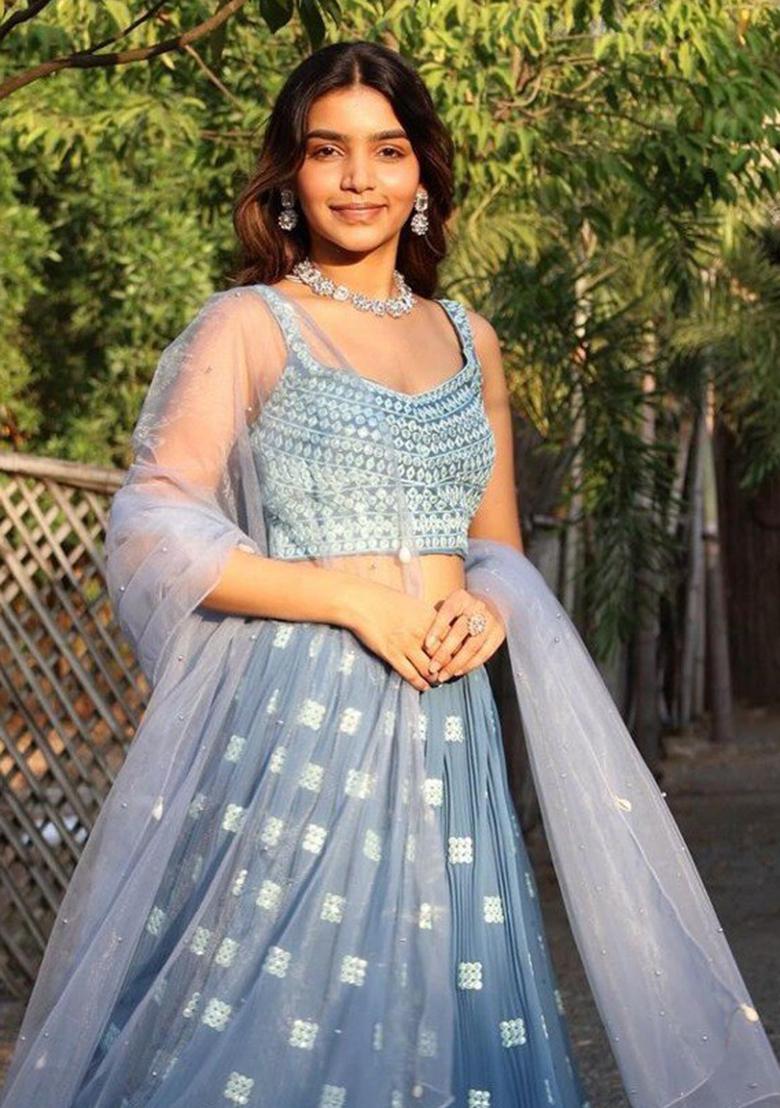 Blue Sequin Embroidered Faux Georgette Lehenga Set