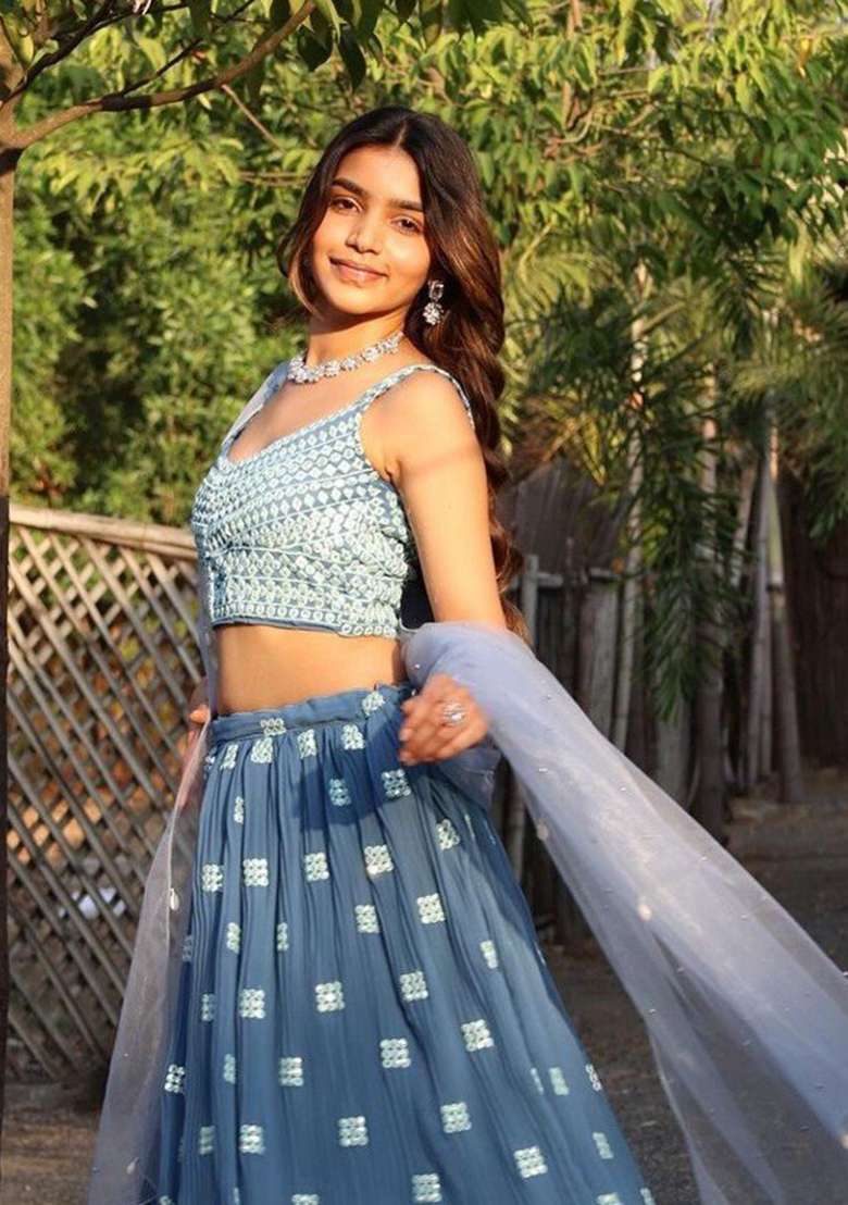 Blue Sequin Embroidered Faux Georgette Lehenga Set - Indya