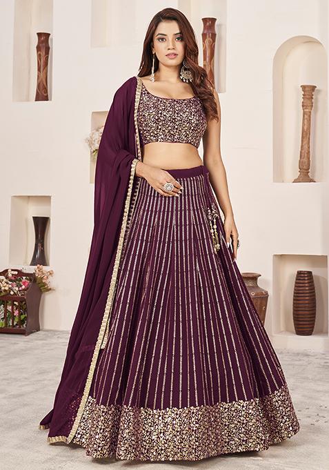 Wine Sequin Zari Embroidered Georgette Lehenga Set