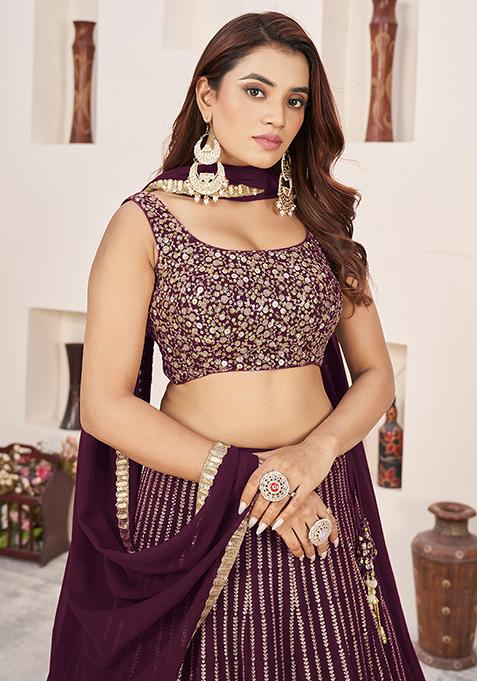 Wine Sequin Zari Embroidered Georgette Lehenga Set