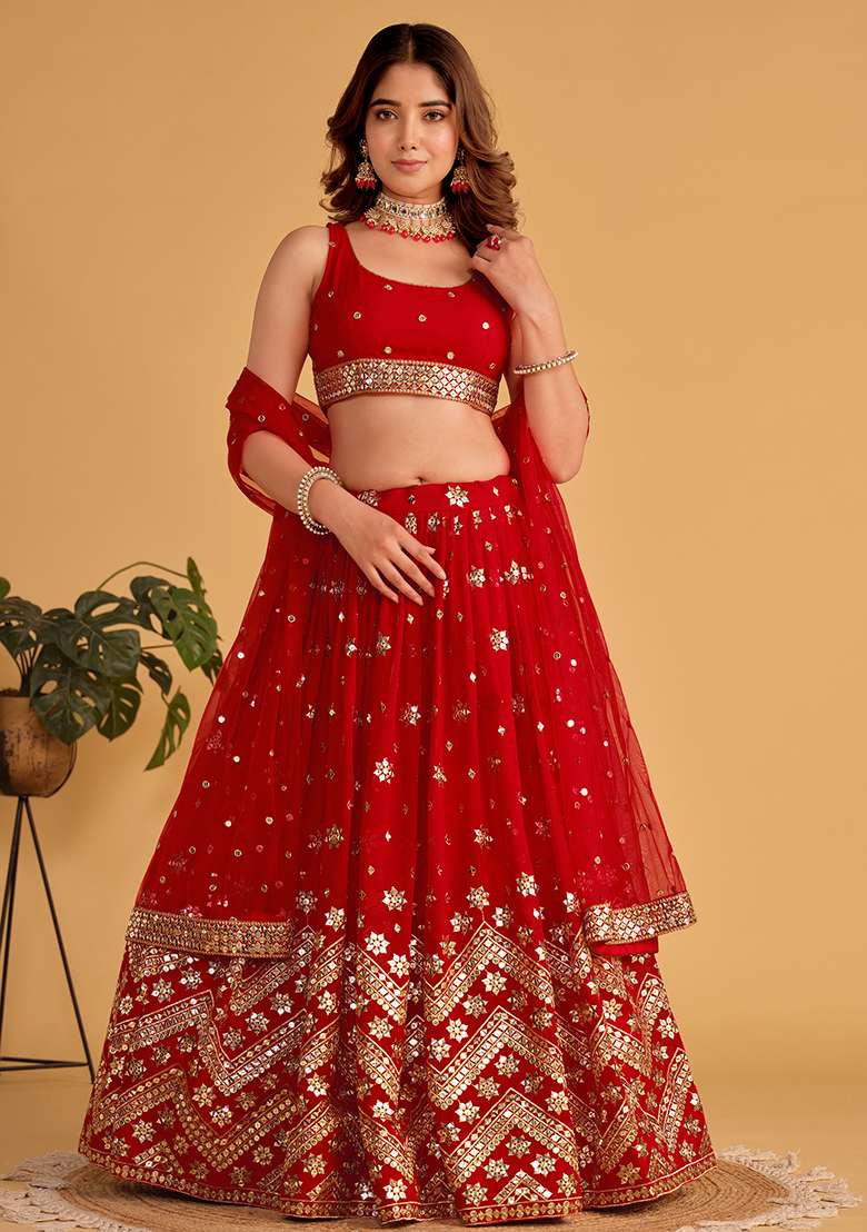 Red Sequin Zari Embroidered Georgette Lehenga Set - Indya