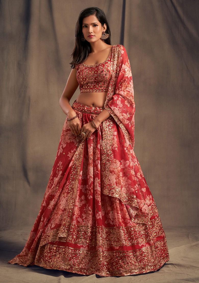 Red Floral Print Sequin Embroidered Lehenga Set