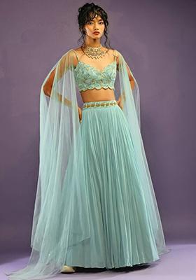 Turquoise Sequin Zari Embroidered Georgette Lehenga Set