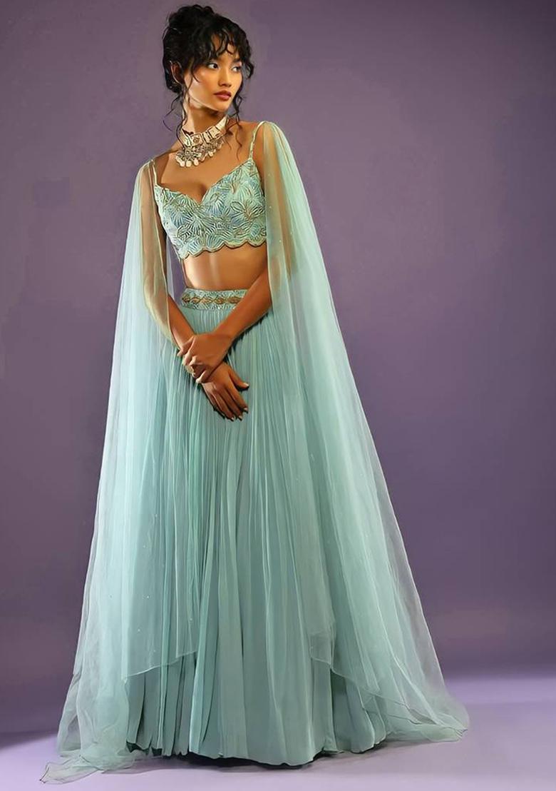 Turquoise Sequin Zari Embroidered Georgette Lehenga Set