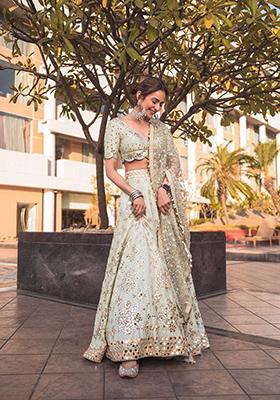 Pastel Green Zari Mirror Embroidered Heavy Banglori Silk Lehenga Set