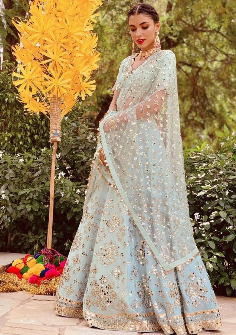 Pastel Green Zari Mirror Embroidered Heavy Banglori Silk Lehenga Set