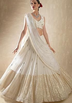 White Zari Mirror Embroidered Georgette Lehenga Set