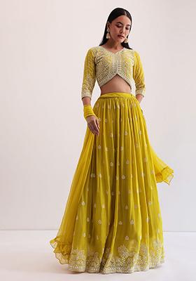 Yellow Sequin Thread Embroidered Georgette Lehenga Set