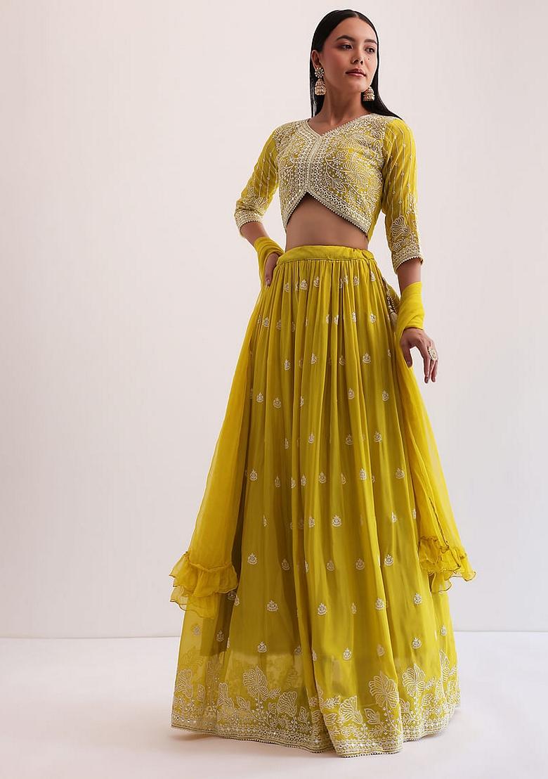 Yellow Sequin Thread Embroidered Georgette Lehenga Set