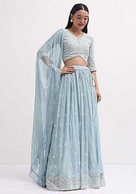 Blue Sequin Thread Embroidered Georgette Lehenga Set