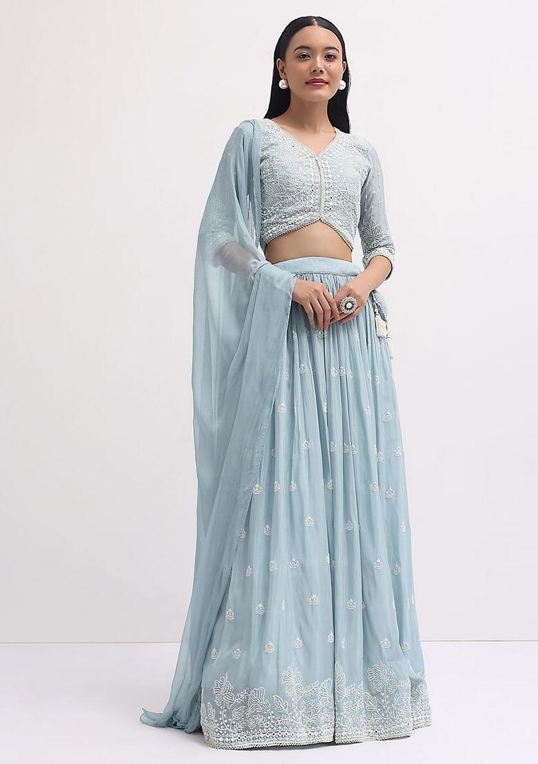 Blue Sequin Thread Embroidered Georgette Lehenga Set