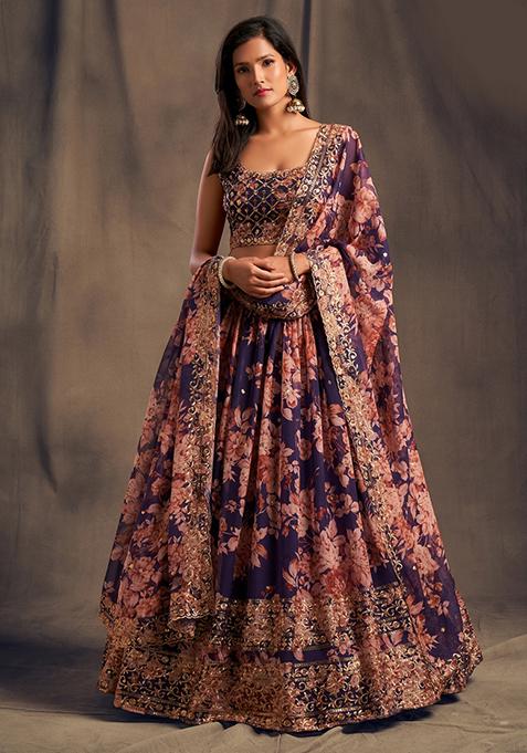Purple Embroidered Organza Lehenga Set