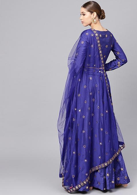 Light Blue Mirror Zari Embroidered Taffeta Silk Lehenga Set