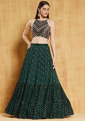 Green Sequin Embroidered Georgette Lehenga Set