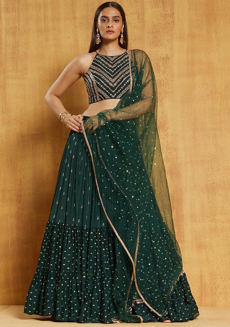 Green Sequin Embroidered Georgette Lehenga Set