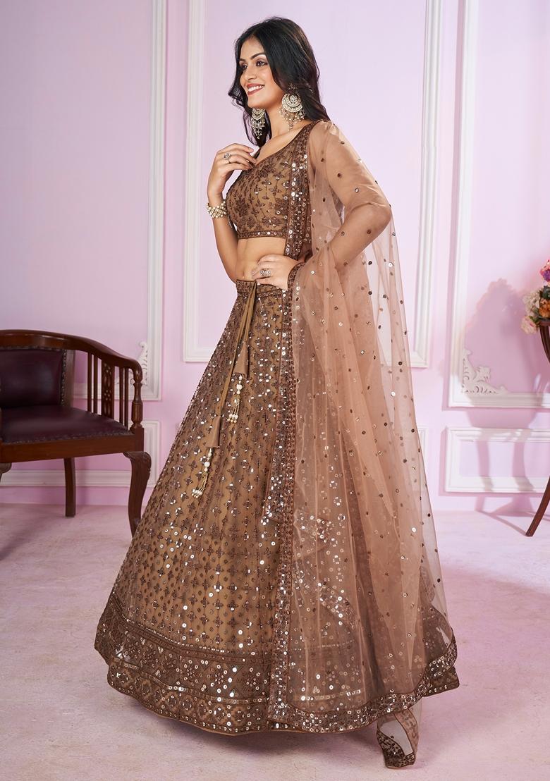 Brown Embroidered Soft Net Lehenga Set