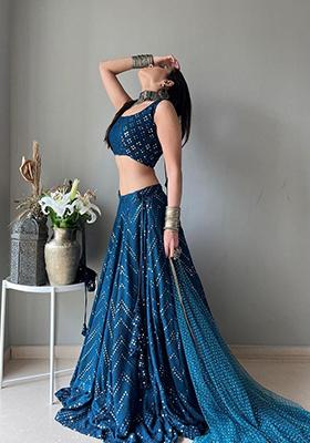 Blue Sequin Thread Embroidered Faux Georgette Lehenga Set