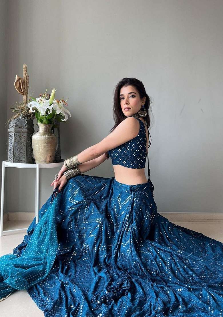 Blue Sequin Thread Embroidered Faux Georgette Lehenga Set - Indya