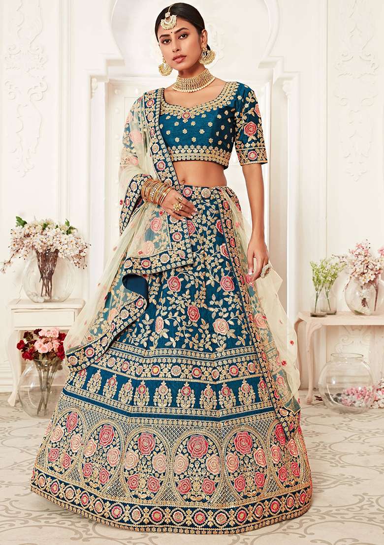 Blue Embroidered Silk Blend Lehenga Set - Indya