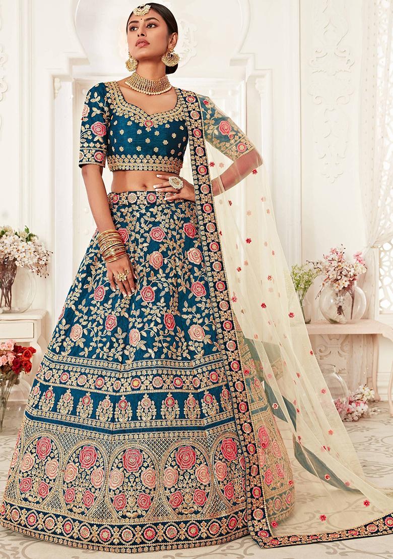Blue Embroidered Silk Lehenga Set