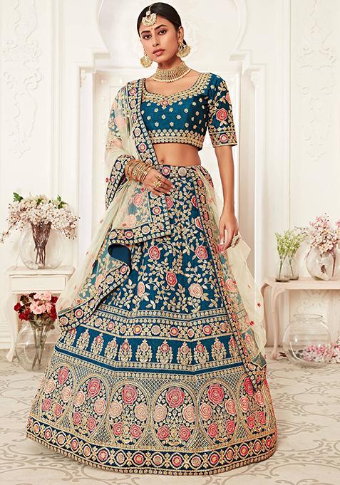 Blue Embroidered Silk Lehenga Set