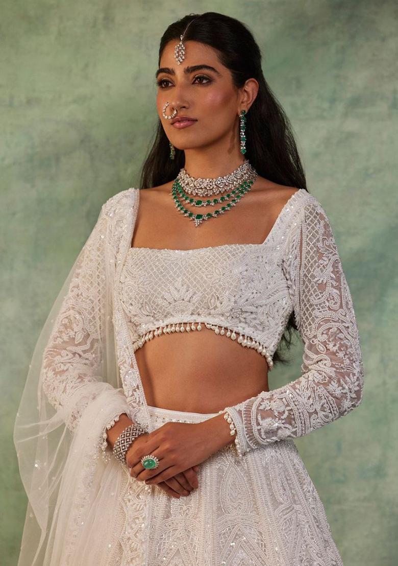 Off White Thread Embroidered Soft Butterfly Net Lehenga Set