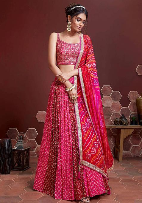 Pink Embroidered Chinon Silk Lehenga Set — view on Indya