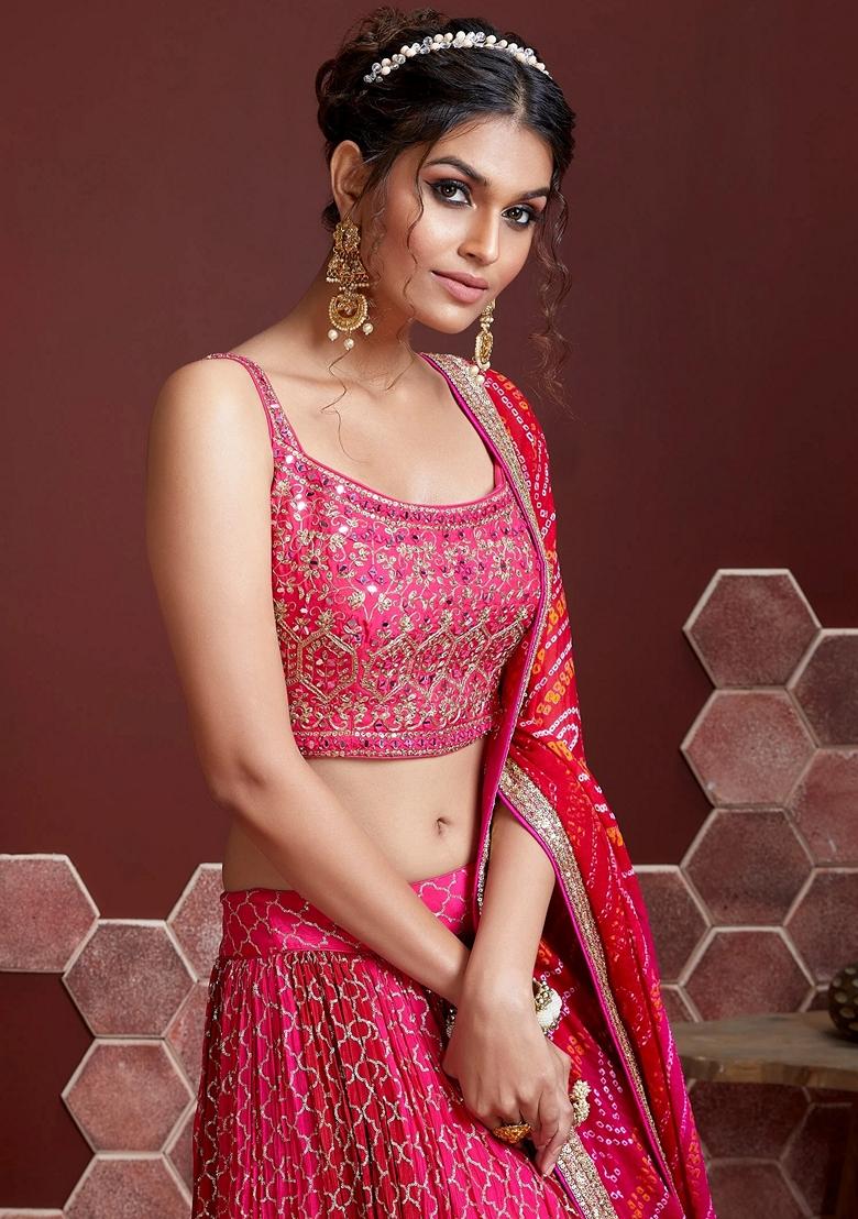 Pink Embroidered Chinon Silk Lehenga Set